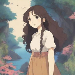 A girl with brown eyes and long, very dark brown curly hair, illustrated in the style of Studio Ghibli