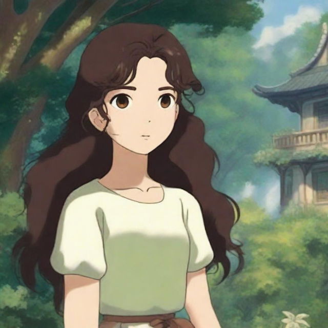 A girl with hazel brown eyes and long, very dark brown curly hair standing in a whimsical Studio Ghibli-style setting