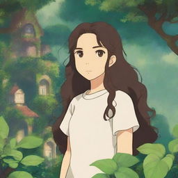 A girl with hazel brown eyes and long, very dark brown curly hair standing in a whimsical Studio Ghibli-style setting