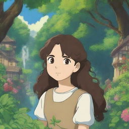 A girl with hazel brown eyes and long, very dark brown curly hair standing in a whimsical Studio Ghibli-style setting