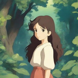 A girl with hazel brown eyes and long, very dark brown curly hair standing in a whimsical Studio Ghibli-style setting