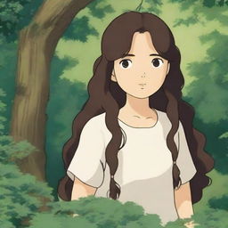 A girl with hazel brown eyes and long, very dark brown curly hair, illustrated in the whimsical and enchanting style of Studio Ghibli