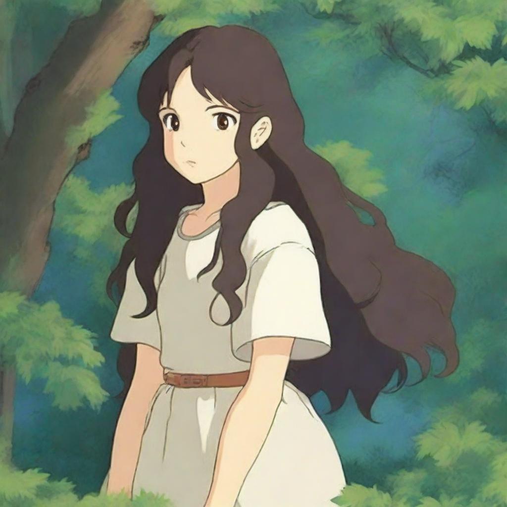 A girl with hazel brown eyes and long, very dark brown curly hair, illustrated in the whimsical and enchanting style of Studio Ghibli