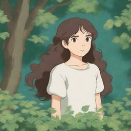 A girl with hazel brown eyes and long, very dark brown curly hair, illustrated in the whimsical and enchanting style of Studio Ghibli