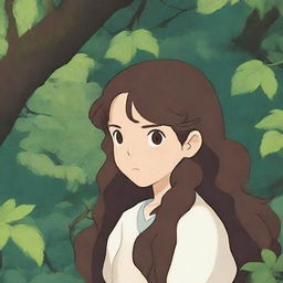 A girl with hazel brown eyes and long, very dark brown curly hair, illustrated in the whimsical and enchanting style of Studio Ghibli