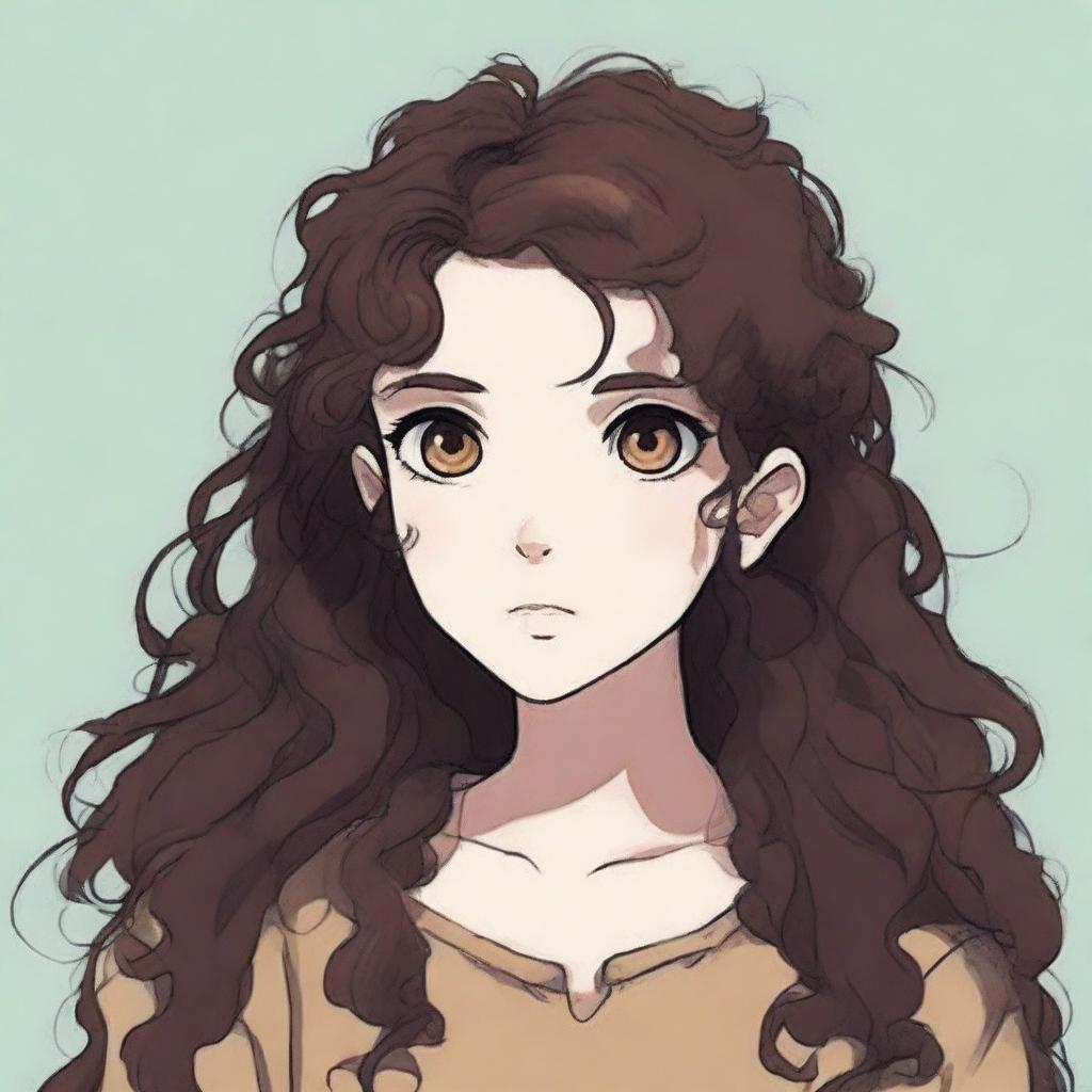 A girl with hazel brown eyes and long, very dark brown curly hair