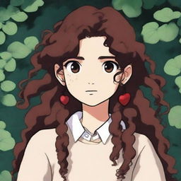 A Y2K girl with brown eyes and long, very dark brown curly hair