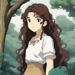 A Y2K girl with brown eyes and long, very dark brown curly hair