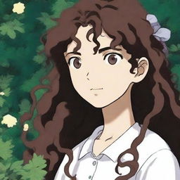 A Y2K girl with brown eyes and long, very dark brown curly hair