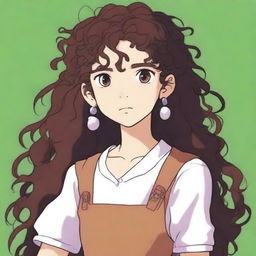 A Y2K girl with brown eyes and long, very dark brown curly hair