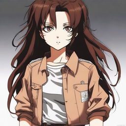 A Y2K girl with brown eyes and long, very dark brown curly hair