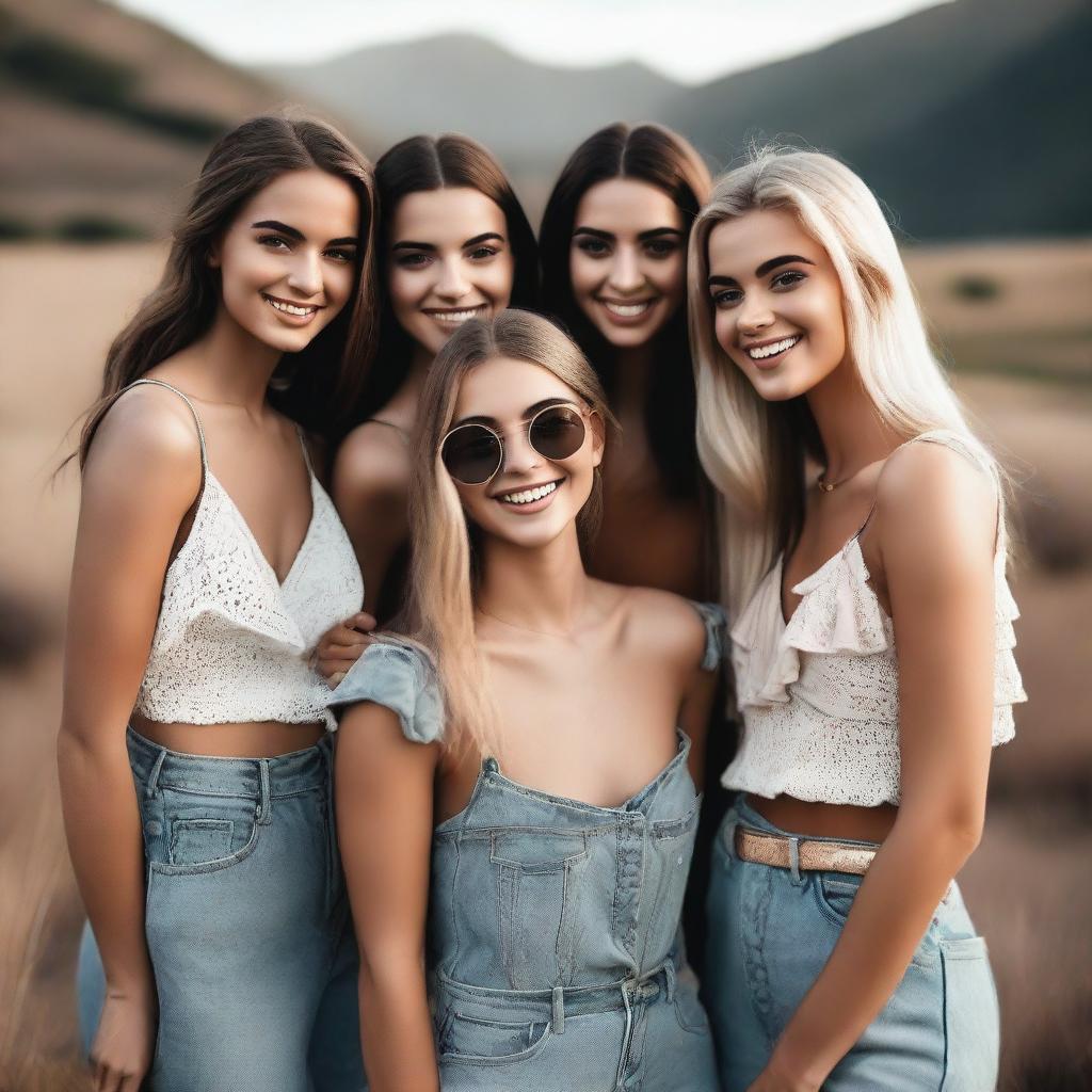 A group of pretty girls posing together in a picturesque outdoor setting