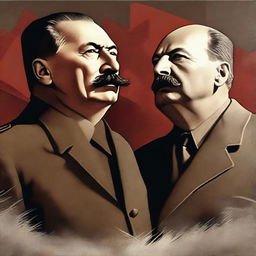 A dramatic and historical depiction of the rise and fall of Stalin and Lenin, showing key moments from their lives and political careers