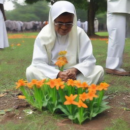 Seorang pemuda sedang mendorong kursi roda yang diduduki oleh orang tua di sebuah taman yang indah