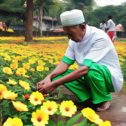 Seorang pemuda sedang mendorong kursi roda yang diduduki oleh orang tua di sebuah taman yang indah