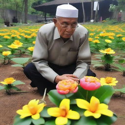 Seorang pemuda sedang mendorong kursi roda yang diduduki oleh orang tua di sebuah taman yang indah