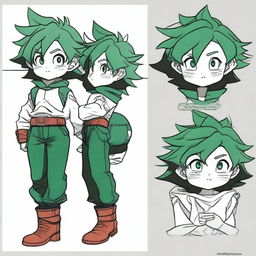 A horizontal image showing a step-by-step drawing tutorial of Midoria (Deku) from My Hero Academia