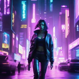 A young woman walking towards the camera in a cyberpunk setting