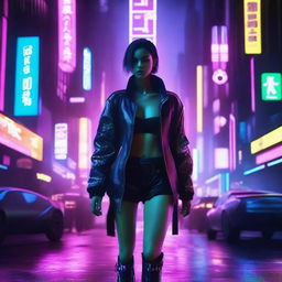 A young woman walking towards the camera in a cyberpunk setting