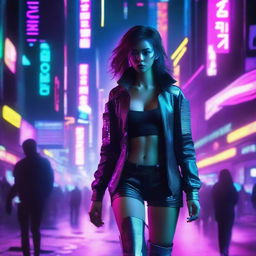 A young woman walking towards the camera in a cyberpunk setting