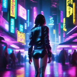 A young woman walking towards the camera in a cyberpunk setting