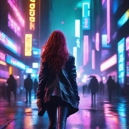 A young woman with long flowing red hair walking towards the camera in a cyberpunk setting