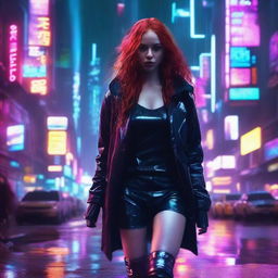 A young woman with long flowing red hair walking towards the camera in a cyberpunk setting