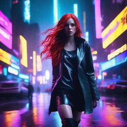 A young woman with long flowing red hair walking towards the camera in a cyberpunk setting