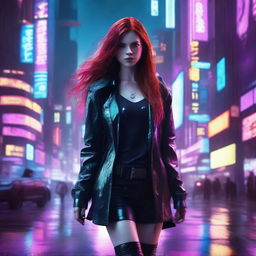 A young woman with long flowing red hair walking towards the camera in a cyberpunk setting