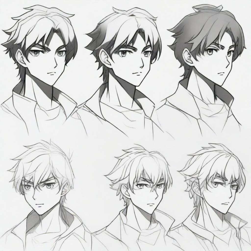 A step-by-step drawing of an anime man, starting from the basic outline and gradually adding more details until the final, fully detailed figure is complete