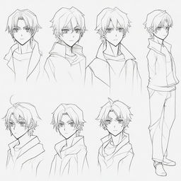 A step-by-step drawing of an anime man, starting from the basic outline and gradually adding more details until the final, fully detailed figure is complete