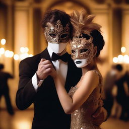 A couple at a masked ball, dressed in elegant and seductive attire