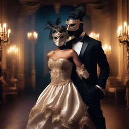 A couple at a masked ball, dressed in elegant and seductive attire