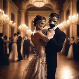 A couple at a masked ball, dressed in elegant and seductive attire