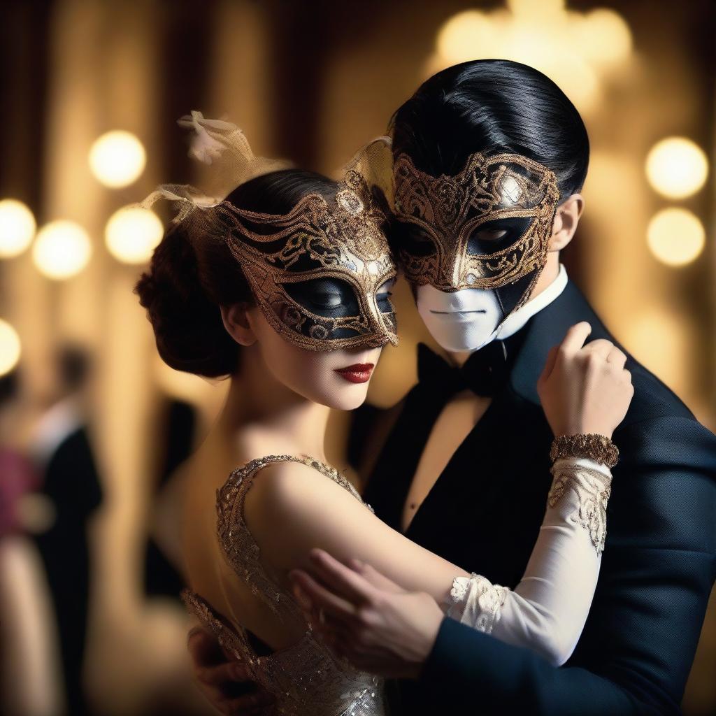 A couple at a masked ball, dressed in elegant and seductive attire