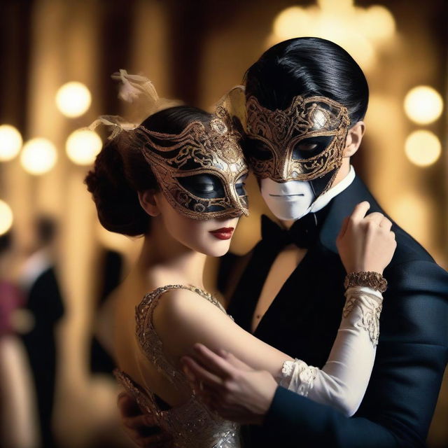 A couple at a masked ball, dressed in elegant and seductive attire