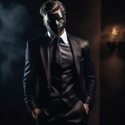 A masked man in a provocative pose, exuding confidence and allure