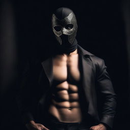 A masked man in a provocative pose, exuding confidence and allure