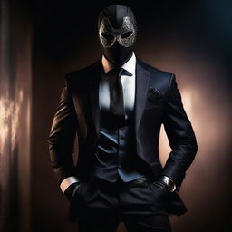 A masked man in a provocative pose, exuding confidence and allure