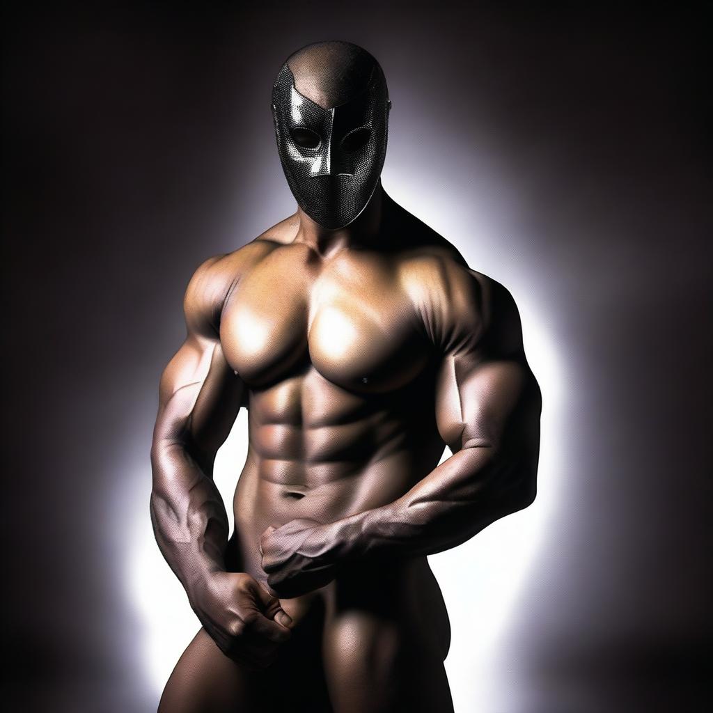 A topless masked man in a provocative pose, exuding confidence and seduction