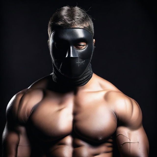 A topless masked man in a provocative pose, exuding confidence and seduction