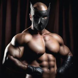 A topless masked man in a provocative pose, exuding confidence and seduction