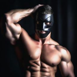 A topless masked man in a provocative pose, exuding confidence and seduction