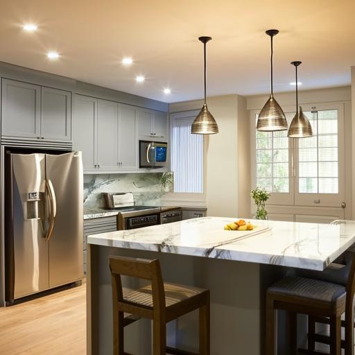 A modern, spacious kitchen with stainless steel appliances, marble countertops, a center island, and ambient lighting fixtures.