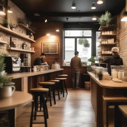 A cozy coffee shop with wooden tables, comfy chairs, and a warm atmosphere