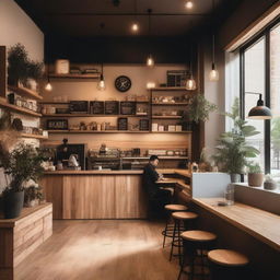 A cozy coffee shop with wooden tables, comfy chairs, and a warm atmosphere