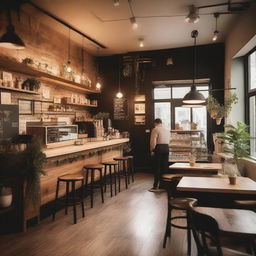 A cozy coffee shop with wooden tables, comfy chairs, and a warm atmosphere