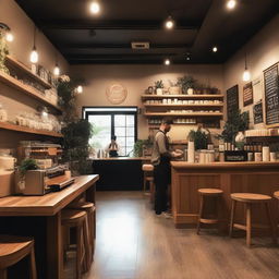 A cozy coffee shop with wooden tables, comfy chairs, and a warm atmosphere