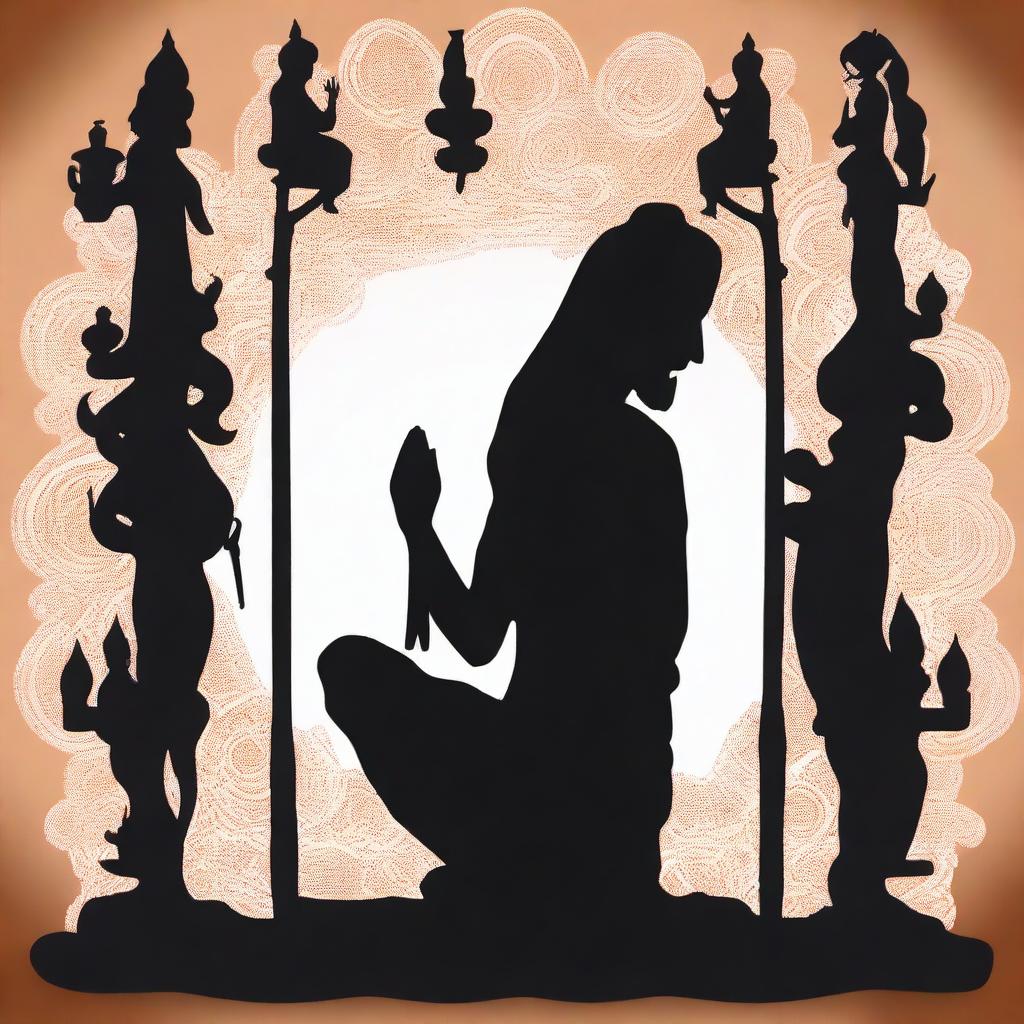 A silhouette or low keylight image of an Indian saint with a long beard standing and meditating in Vrikshasana (single leg pose)