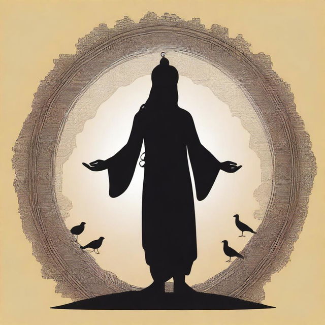 A silhouette or low keylight image of an Indian saint with a long beard standing and meditating in Vrikshasana (single leg pose)